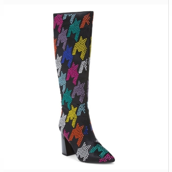 🔹️BETSEY JOHNSON🔹️ Black Multi Naomy Sequin Houndstooth Tall Knee High Boots - Picture 3 of 6